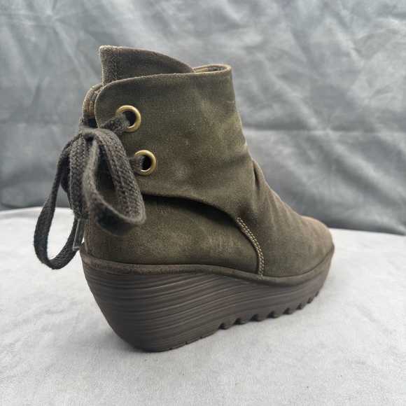 Fly London Yama Wedge Booties Women’s US 7.5 / EU‎ 38 Olive Green Suede Leather - Picture 2 of 15